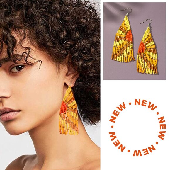 Here Comes The Sun Seed Beaded Boho Hippie Western Gypsy Long Earrings - Picture 1 of 5